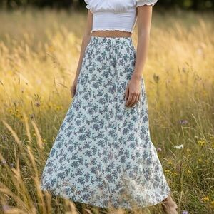 For Love & Lemons White Ditsy Floral Midi/Maxi Skirt Elastic Waist XS/S